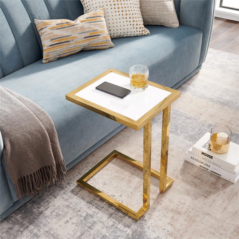 Posh Living Luane Modern C-Shape Stainless Steel End Table in White/Gold