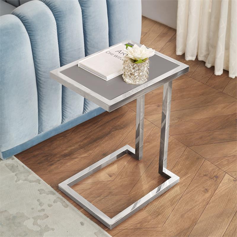 Posh Living Luane Modern C-Shape Stainless Steel End Table in Light Gray/Chrome