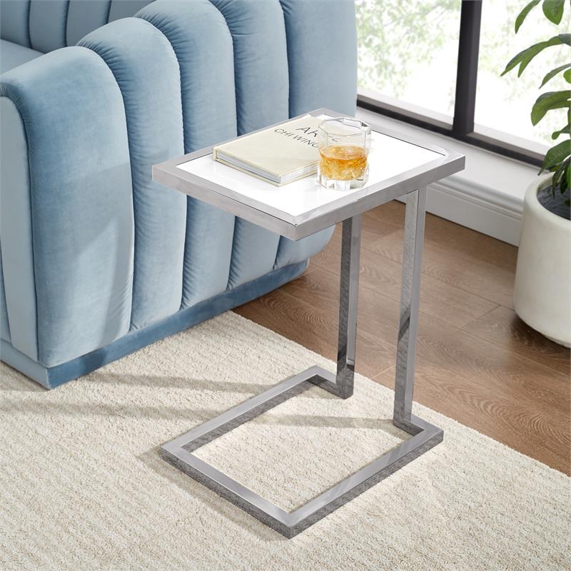 Posh Living Luane Modern C-Shape Stainless Steel End Table in White/Chrome