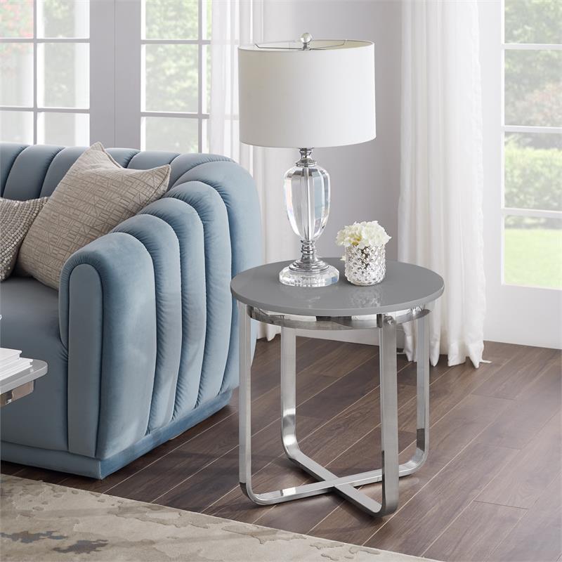 Posh Living Kaloni Modern Stainless Steel Base End Table in Light Gray/Chrome