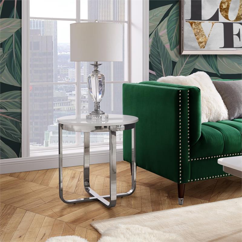 Posh Living Kaloni Modern Stainless Steel Base End Table in White/Chrome