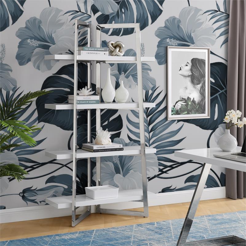 Posh Living Aluna 4-Shelf Stainless Steel Frame Bookcase in White/Chrome