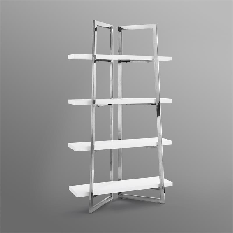 Posh Living Aluna 4-Shelf Stainless Steel Frame Bookcase in White/Chrome