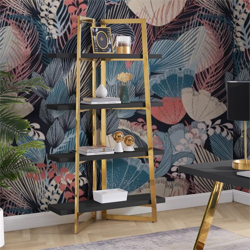Posh Living Aluna 4-Shelf Stainless Steel Frame Bookcase in Black/Gold