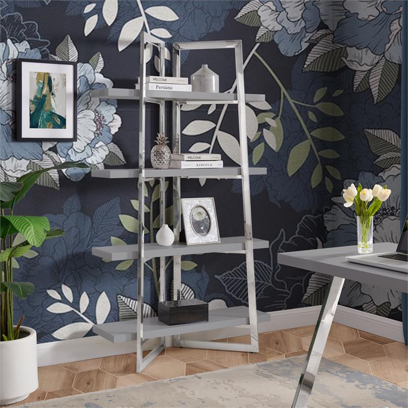 Posh Living Aluna 4-Shelf Stainless Steel Frame Bookcase in Light Gray/Chrome