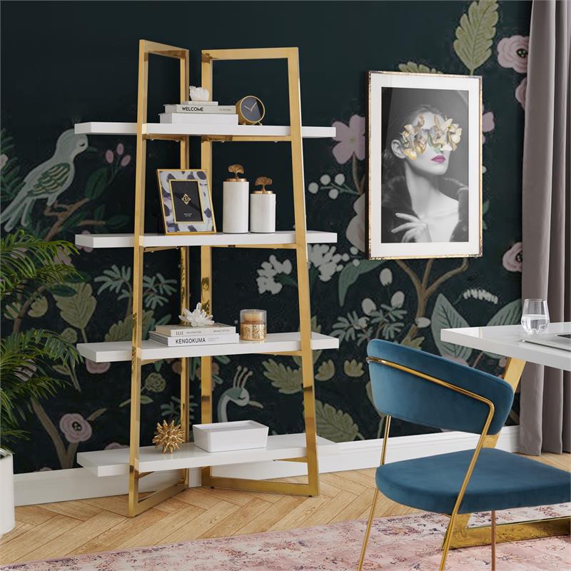 Posh Living Aluna 4-Shelf Stainless Steel Frame Bookcase in White/Gold