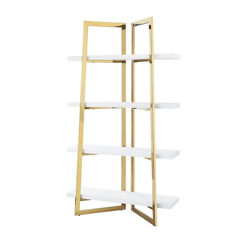 Posh Living Aluna 4-Shelf Stainless Steel Frame Bookcase in White/Gold