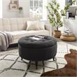 Landon Round Ottoman Charcoal Black Linen  Hidden Storage Button Tufted