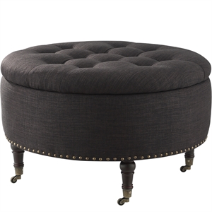 Landon Round Ottoman Charcoal Black Linen  Hidden Storage Button Tufted