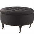 Landon Round Ottoman Charcoal Black Linen  Hidden Storage Button Tufted