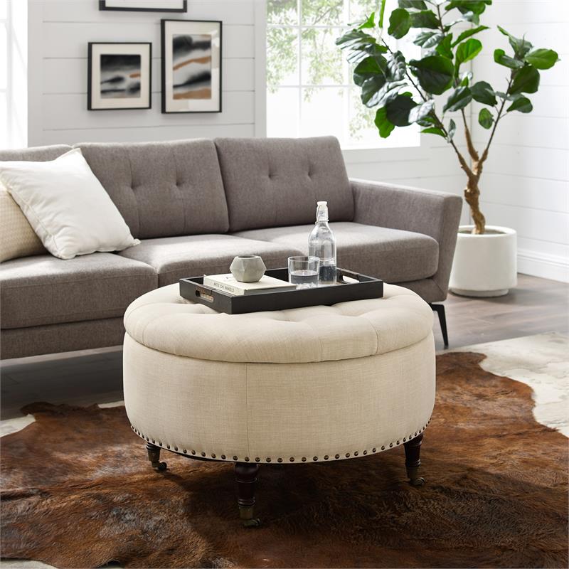 Landon Round Ottoman Beige Linen  Hidden Storage Button Tufted