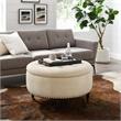 Landon Round Ottoman Beige Linen  Hidden Storage Button Tufted