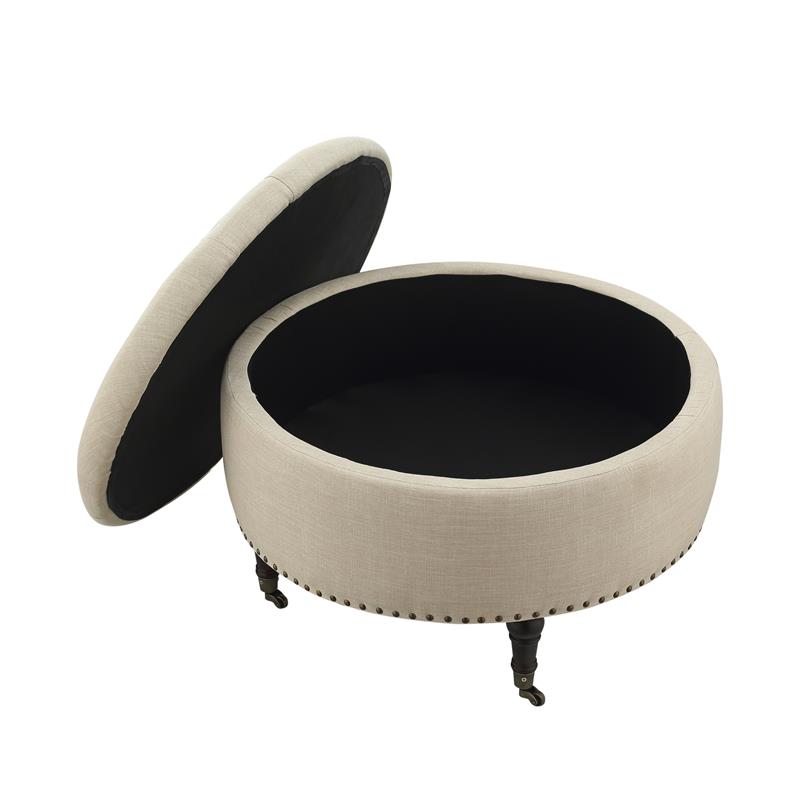 Landon Round Ottoman Beige Linen  Hidden Storage Button Tufted