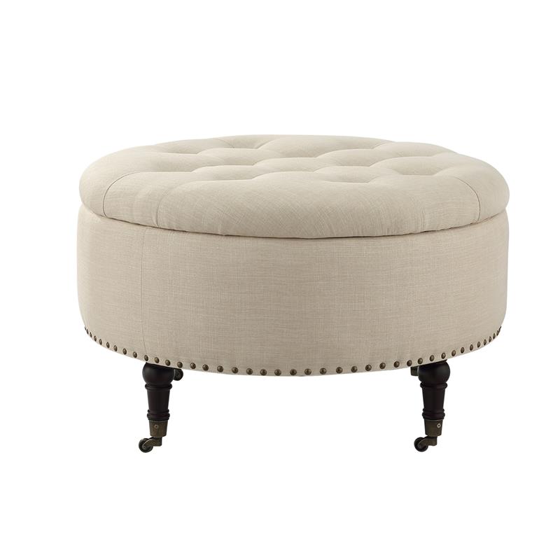 Landon Round Ottoman Beige Linen  Hidden Storage Button Tufted