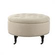 Landon Round Ottoman Beige Linen  Hidden Storage Button Tufted