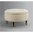 Landon Round Ottoman Beige Linen  Hidden Storage Button Tufted