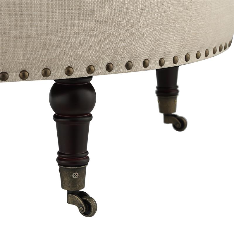 Landon Round Ottoman Beige Linen  Hidden Storage Button Tufted