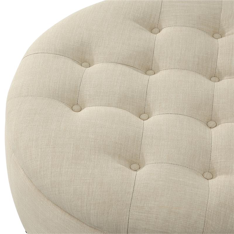 Landon Round Ottoman Beige Linen  Hidden Storage Button Tufted