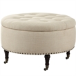 Landon Round Ottoman Beige Linen  Hidden Storage Button Tufted