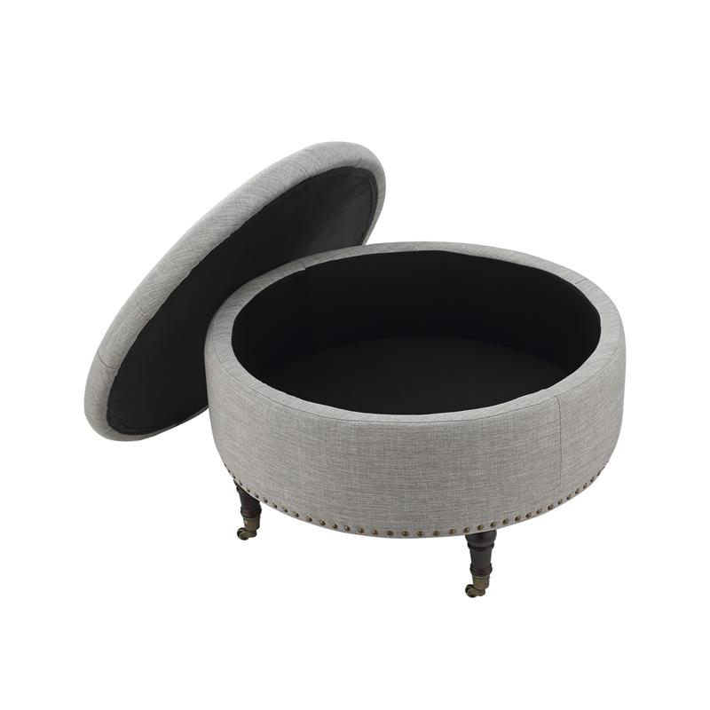 Landon Round Ottoman Gray Linen  Hidden Storage Button Tufted
