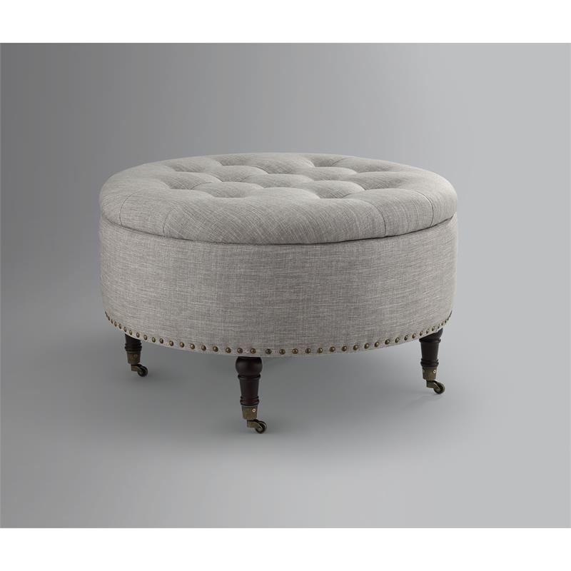 Landon Round Ottoman Gray Linen  Hidden Storage Button Tufted