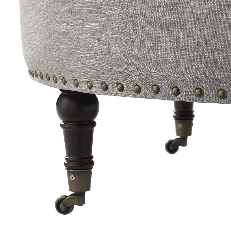 Landon Round Ottoman Gray Linen  Hidden Storage Button Tufted