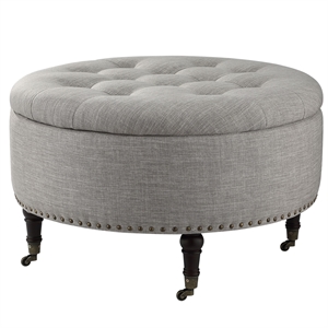 Landon Round Ottoman Gray Linen  Hidden Storage Button Tufted
