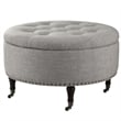 Landon Round Ottoman Gray Linen  Hidden Storage Button Tufted