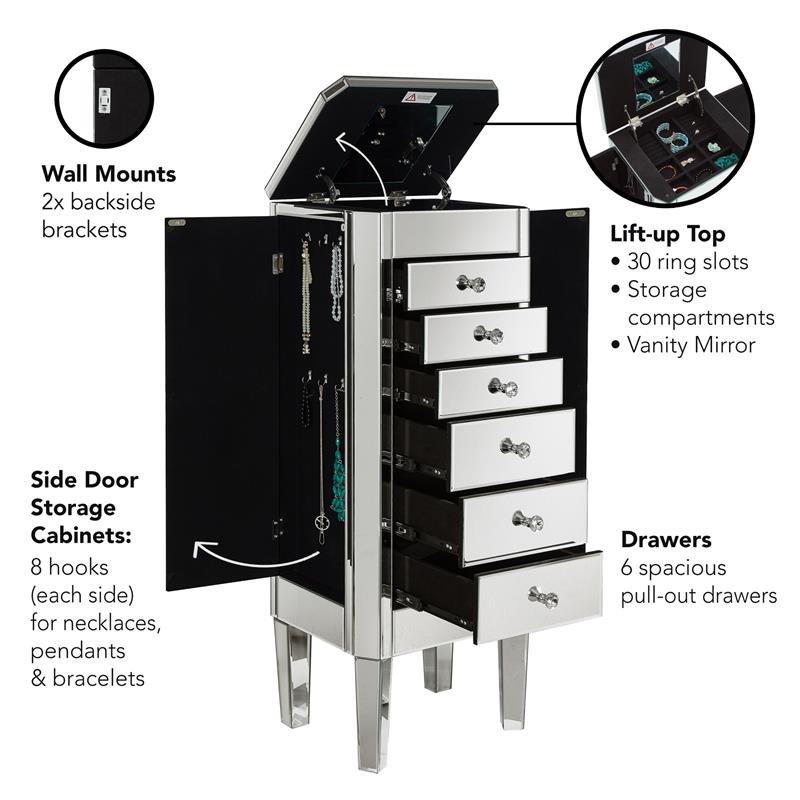 Evangeline Jewelry Armoire Clear Mirrored 6 Drawers