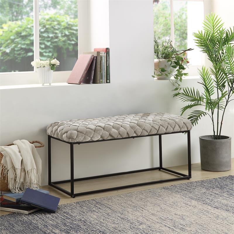 Joaquin Rectangular Bench Cream White Velvet  Upholstered Hand Woven