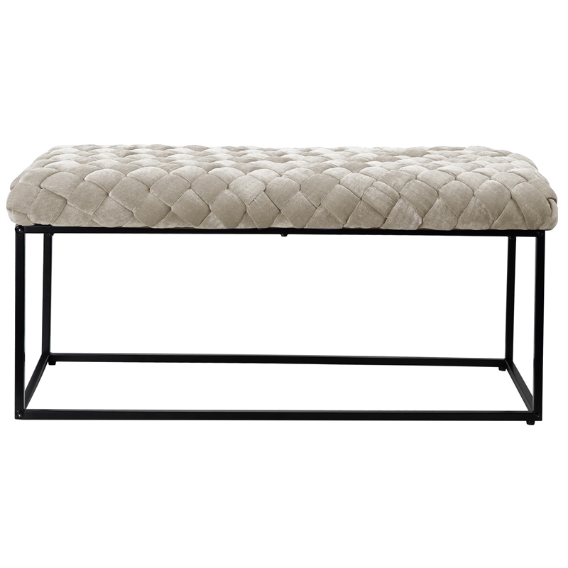 Joaquin Rectangular Bench Cream White Velvet  Upholstered Hand Woven