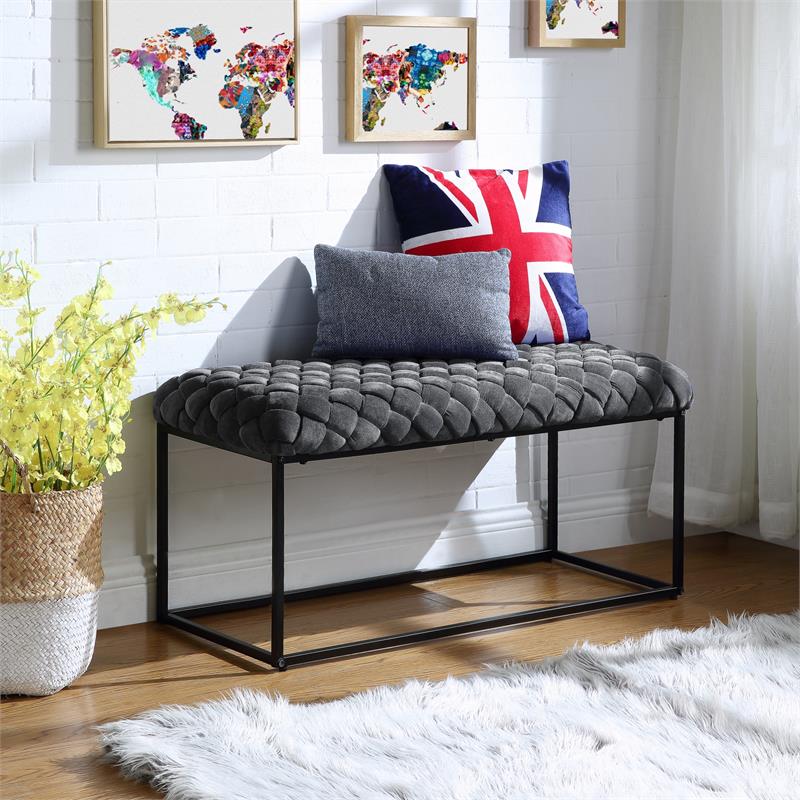 Joaquin Rectangular Bench Gray Velvet  Upholstered Hand Woven