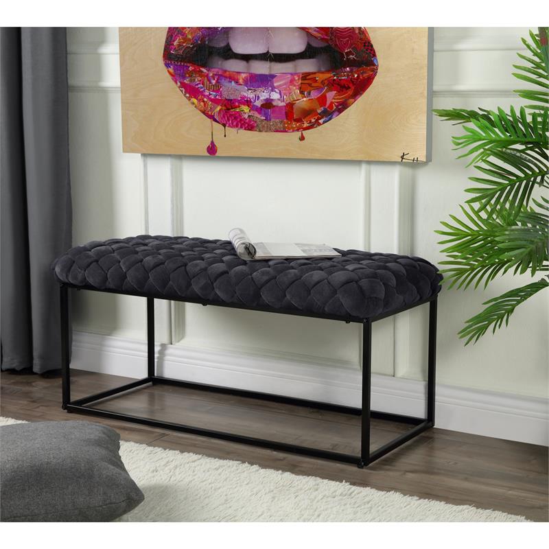 Joaquin Rectangular Bench Black Velvet  Upholstered Hand Woven