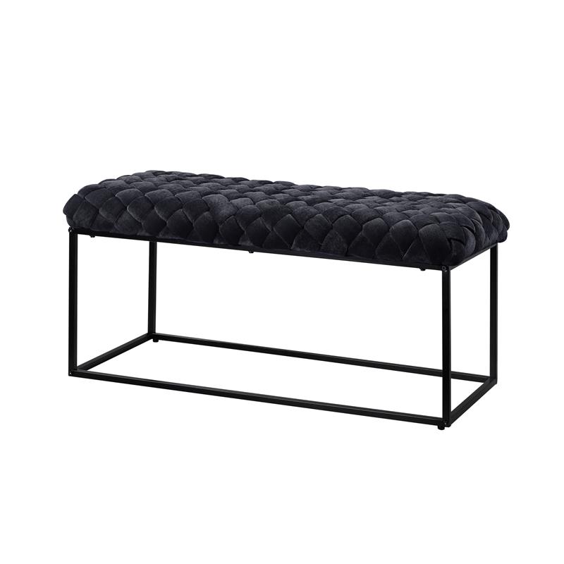 Joaquin Rectangular Bench Black Velvet  Upholstered Hand Woven