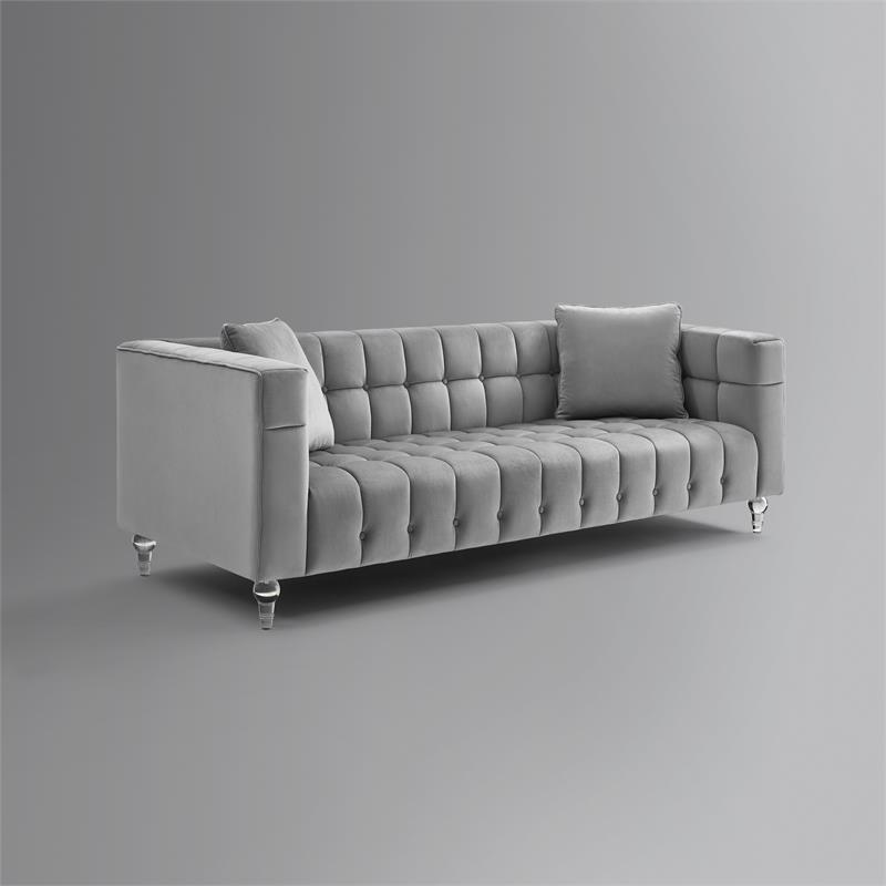 Adalyn Sofa Gray Velvet  Biscuit Tufted Lucite Leg