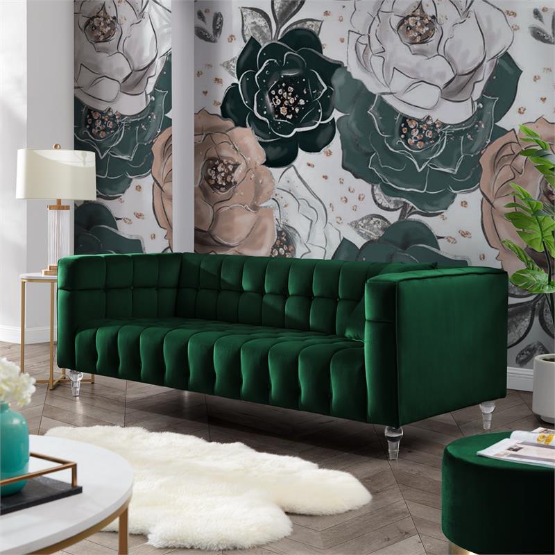 Adalyn Sofa Hunter Green Velvet  Biscuit Tufted Lucite Leg