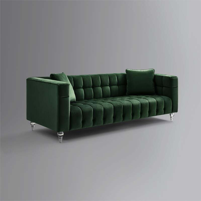 Adalyn Sofa Hunter Green Velvet  Biscuit Tufted Lucite Leg