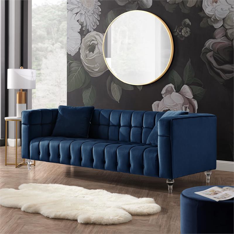 Adalyn Sofa Navy Velvet  Biscuit Tufted Lucite Leg Sinuous Springs