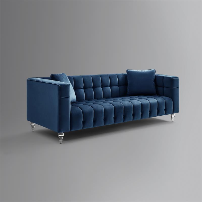 Adalyn Sofa Navy Velvet  Biscuit Tufted Lucite Leg Sinuous Springs