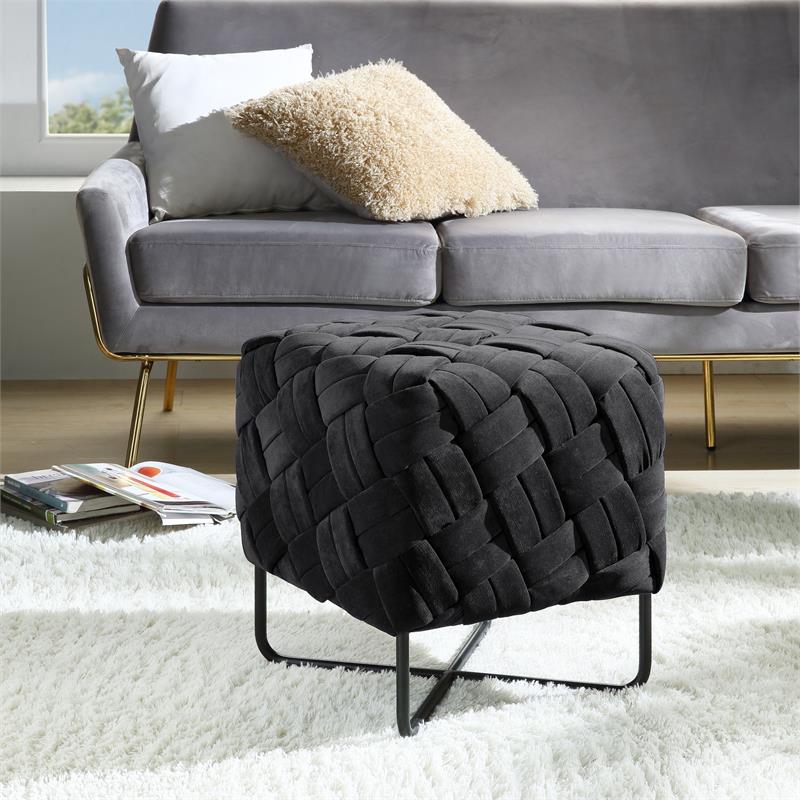 Jenna Square Ottoman Black Velvet  Upholstered Hand Woven