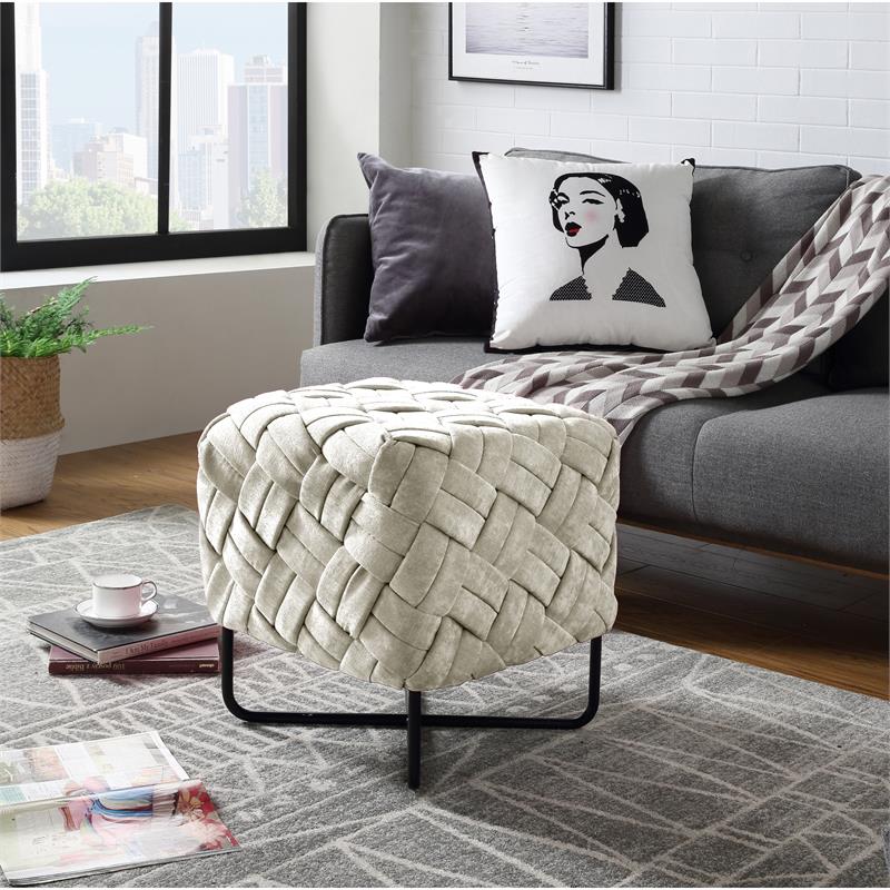 Jenna Square Ottoman Cream White Velvet  Upholstered Hand Woven