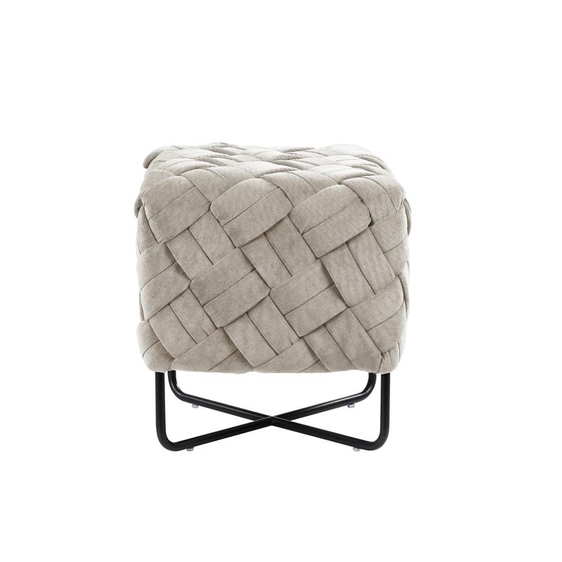 Jenna Square Ottoman Cream White Velvet  Upholstered Hand Woven