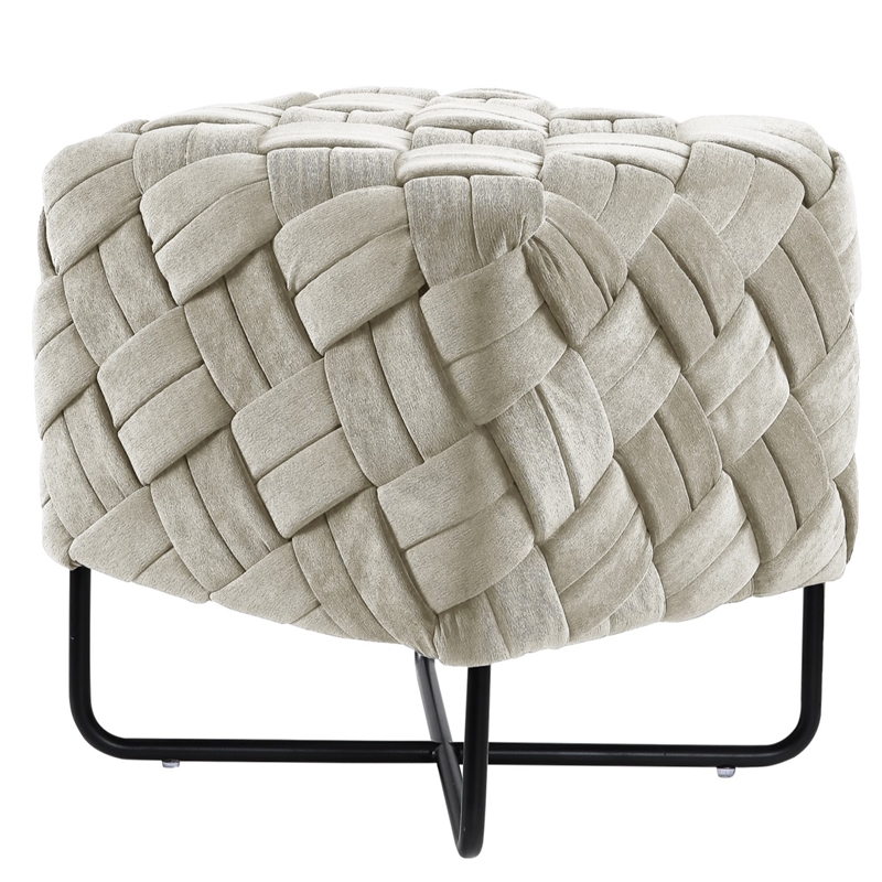 Jenna Square Ottoman Cream White Velvet  Upholstered Hand Woven