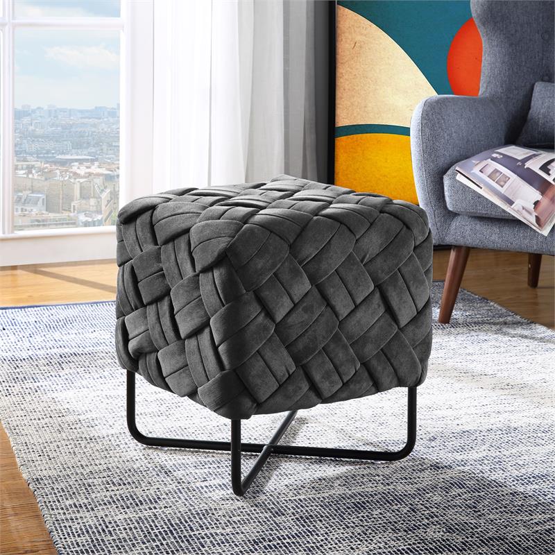 Jenna Square Ottoman Gray Velvet  Upholstered Hand Woven