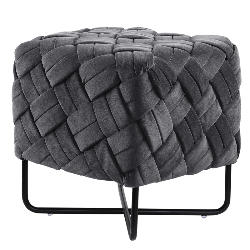 Jenna Square Ottoman Gray Velvet  Upholstered Hand Woven