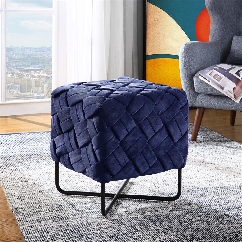 Jenna Square Ottoman Navy Blue Velvet  Upholstered Hand Woven