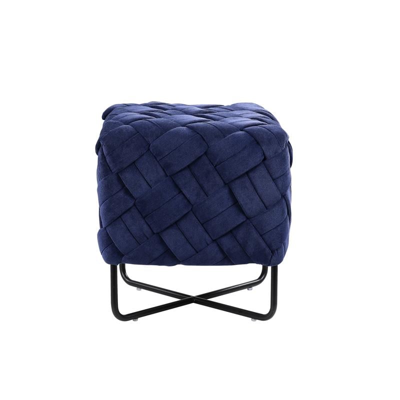 Jenna Square Ottoman Navy Blue Velvet  Upholstered Hand Woven