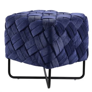 Jenna Square Ottoman Navy Blue Velvet  Upholstered Hand Woven