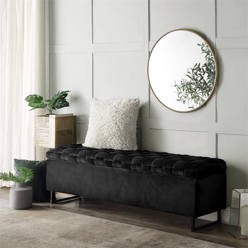 Danielle Rectangular Storage Bench Black Velvet  Upholstered Hand Woven