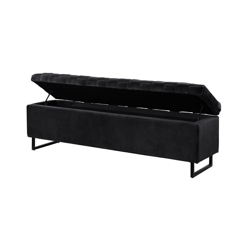 Danielle Rectangular Storage Bench Black Velvet  Upholstered Hand Woven